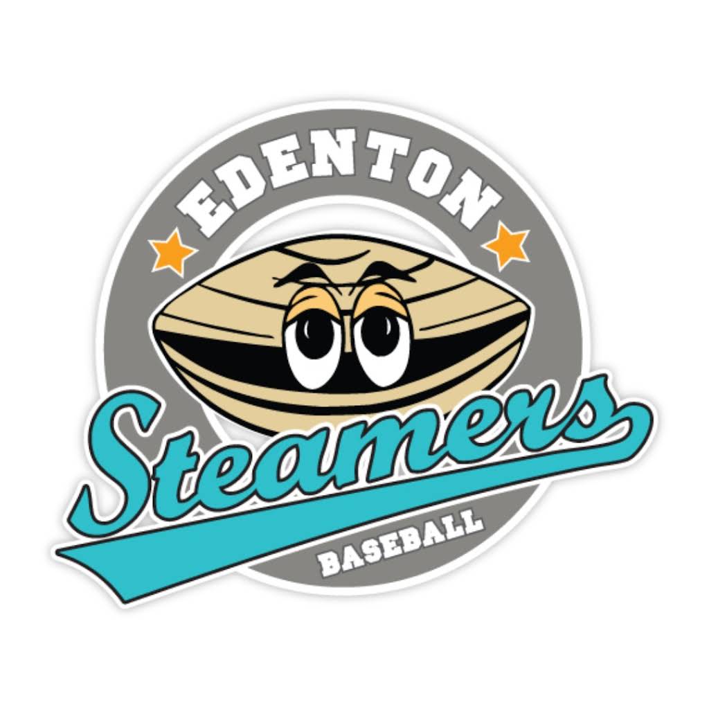 Logo for Edenton Steamers baseball featuring a cartoon clam with eyes inside a gray circle with two orange stars, the word 'Edenton' at the top and 'Steamers' in large blue script across the center, with 'Baseball' at the bottom.