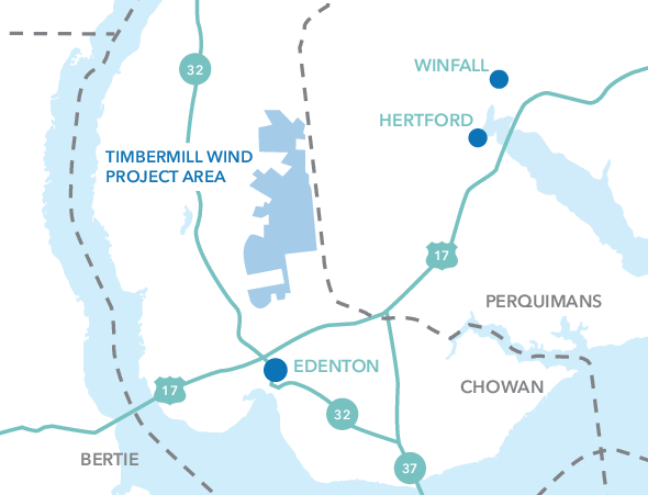 Map highlighting the Timbermill Wind Project Area near Edenton, North Carolina, showing nearby towns Winfall and Hertford, highways 17, 32, and 37, and the surrounding counties of Bertie, Perquimans, and Chowan.