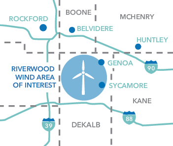Map excerpt showing towns Rockford, Belvidere, Genoa, Sycamore, Huntley, and counties Boone, McHenry, Kane, Dekalb with highway icons 90, 88, and 39. A large blue icon of a white wind turbine marks the Riverwood wind area of interest.