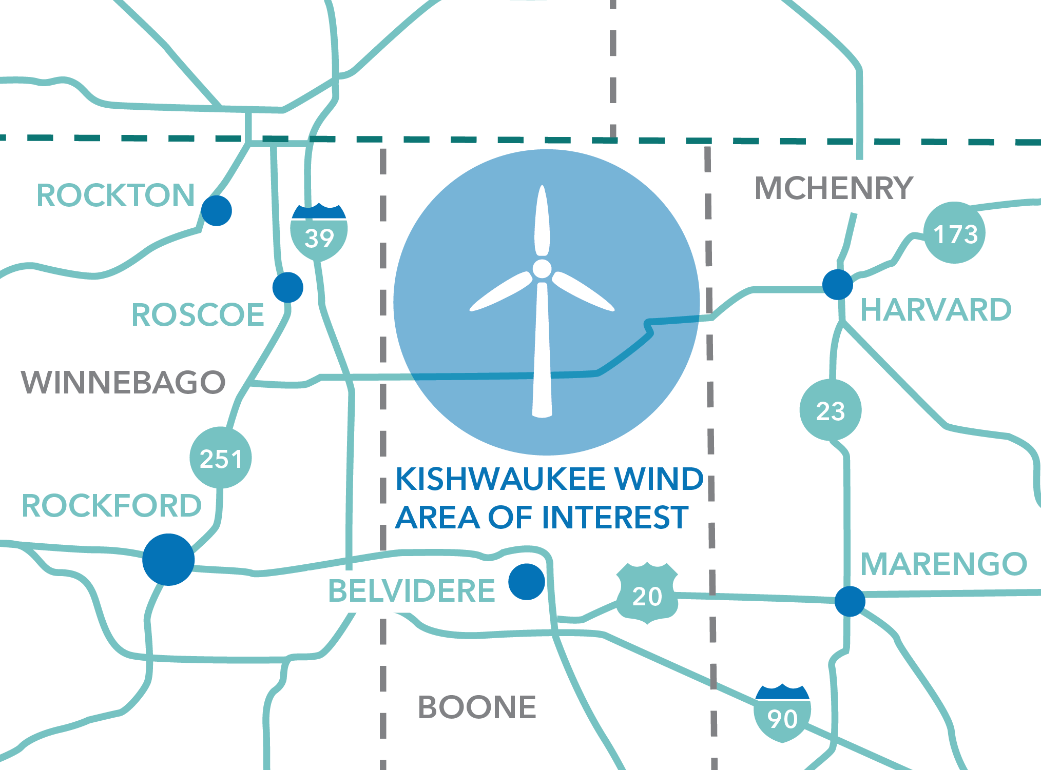 Map segment showing Kishwaukee Wind Area of Interest outlined with dashed lines, including nearby towns Rockton, Roscoe, Rockford, Belvidere, Harvard, and Marengo, plus roads 39, 173, 23, 251, 20, and 90 in parts of Winnebago, Boone, and McHenry counties.