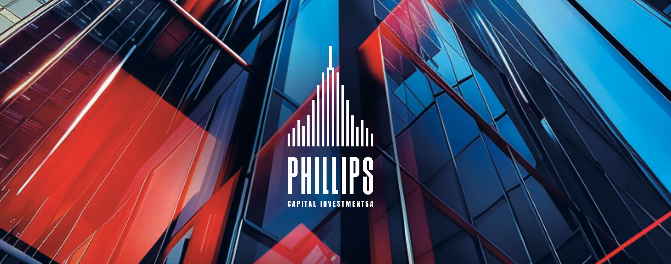 Modern glass building facade with blue and red reflections and Phillips Capital Investments logo overlay.