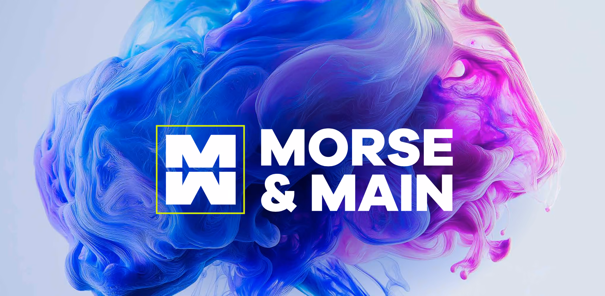 Morse & Main logo with stylized white double 'M' inside a yellow square on a swirling blue and purple abstract background.