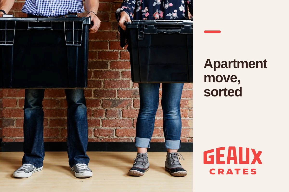 Faceless adults holding actual crates in front of a brick wall, with “Apartment move, sorted” and the Geaux Crates logo.