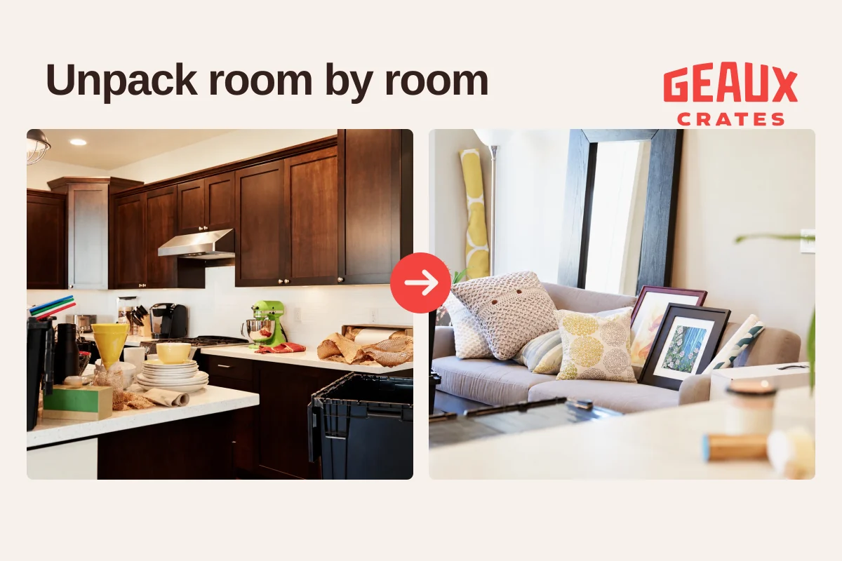 Separate kitchen and living-room photographs connected by a small editorial arrow, with “Unpack room by room” and the Geaux Crates logo.