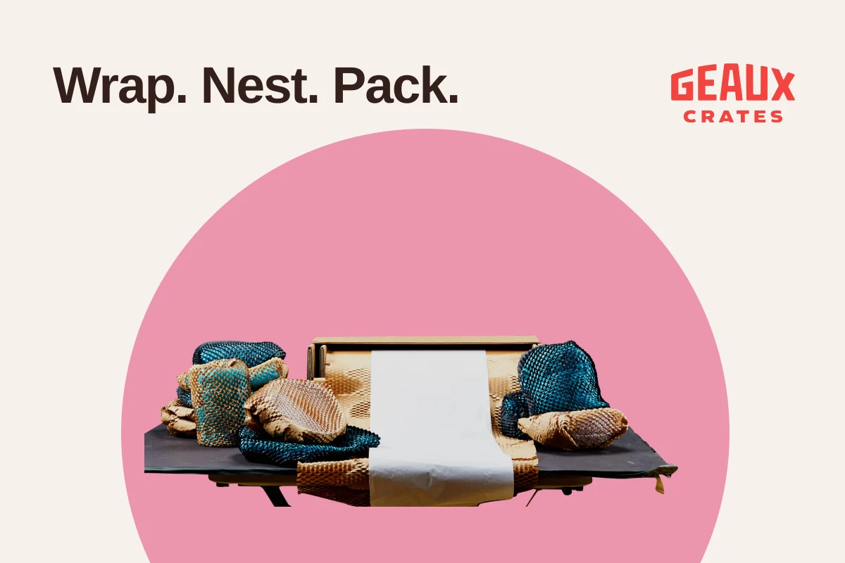 Owned photograph of a dish-wrapping station with paper and protected household pieces, with “Wrap. Nest. Pack.” and the Geaux Crates logo.