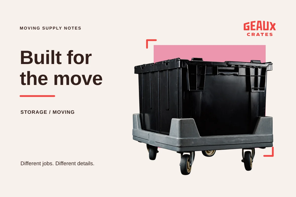 A black moving crate on its dolly beside “Built for the move,” framed in Rose and Porcelain.