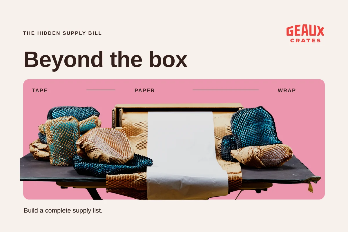 “Beyond the box”: real honeycomb packing paper, tissue and wrapped objects under Tape, Paper and Wrap labels.