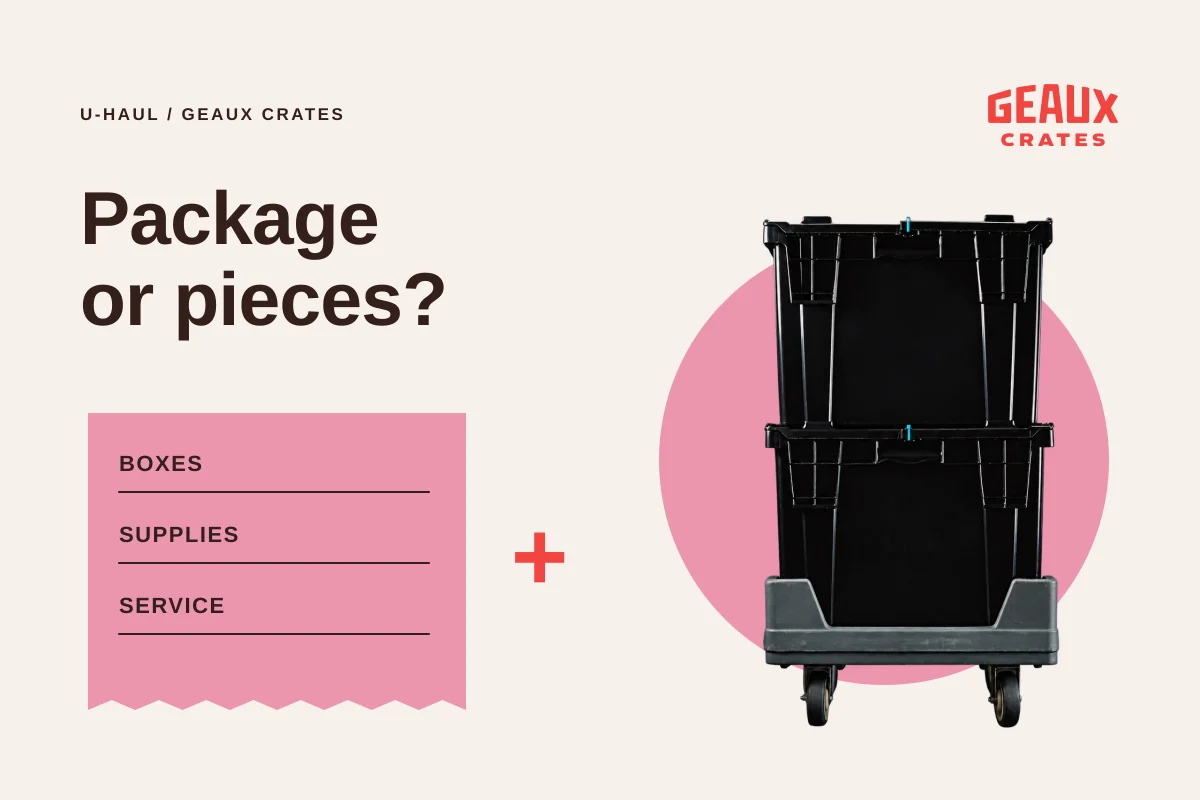 “Package or pieces?” with a Boxes, Supplies and Service receipt beside two black crates on a dolly.