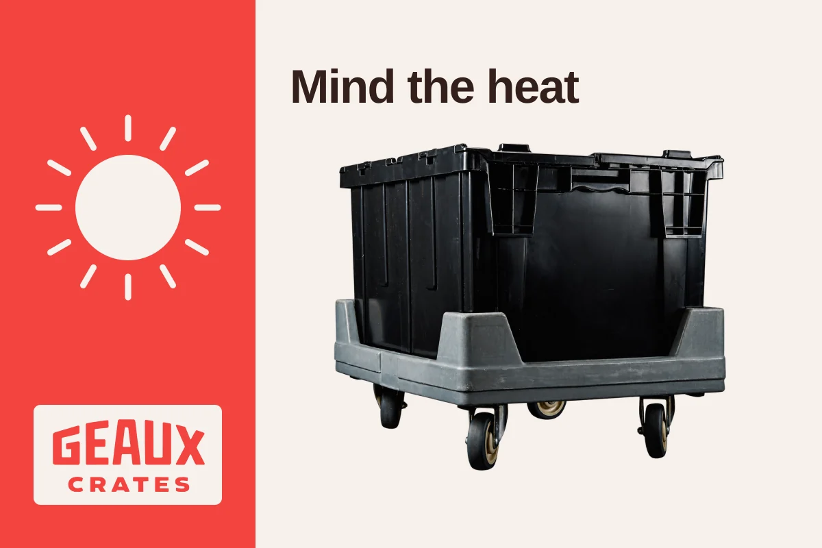 Actual crate and dolly beside a separate Poppy sun panel, with “Mind the heat” and the Geaux Crates logo.