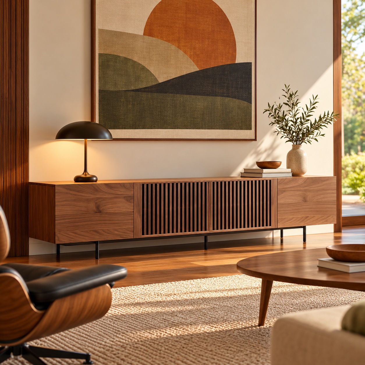 Long walnut mid-century modern media console in a sunlit living room