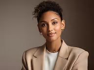 Confident woman with curly hair wearing a beige blazer and pearl earrings against a neutral background.