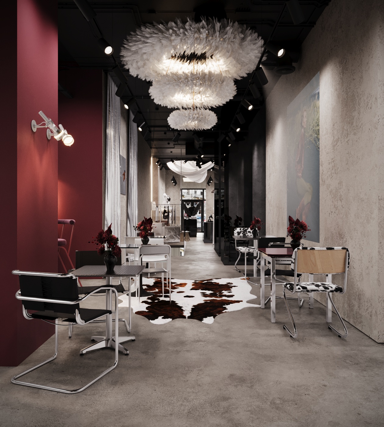Render architettonico della caffetteria Skin of Angel a Milano, con lampade scultoree a forma di piuma e colonne color vino.