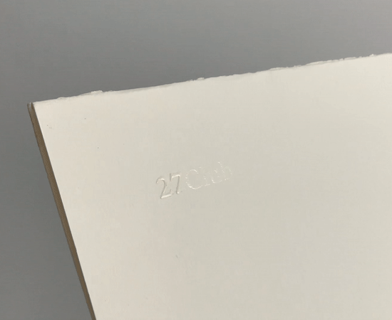 Close-up of the 27Club wordmark on the back of a sleeve, beside its deckled edge.