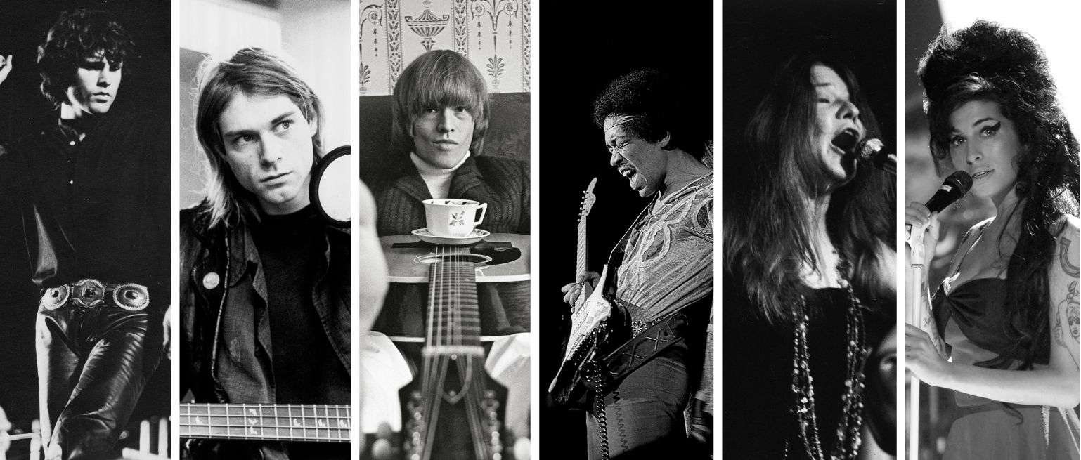 Six black-and-white portraits of musicians, side by side.