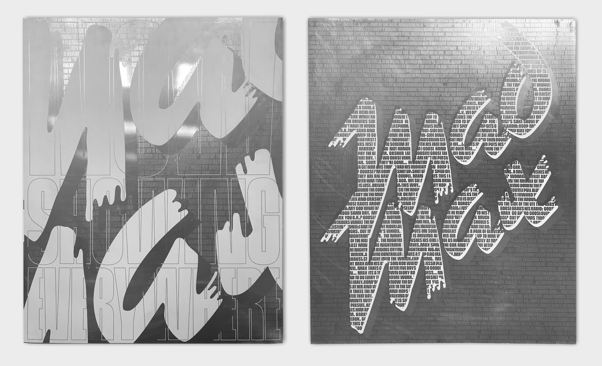 The front and back of the poster before rusting: two steel plates printed with white lettering and clear-ink text.