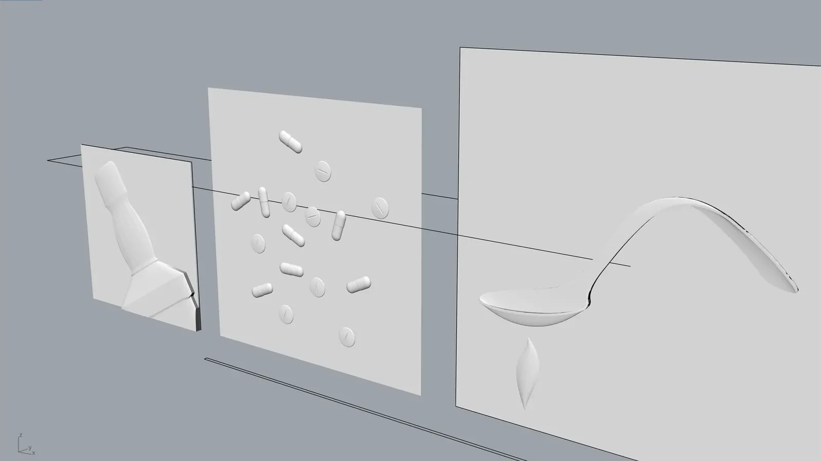 CAD renders of the three reliefs on their boards: a bottle, scattered pills and capsules, and a bent spoon with a drop.