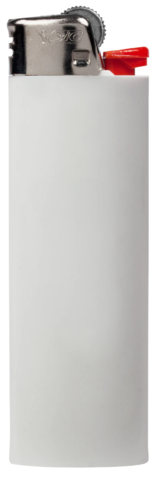 A plain white Bic lighter with its silver hood and red button.