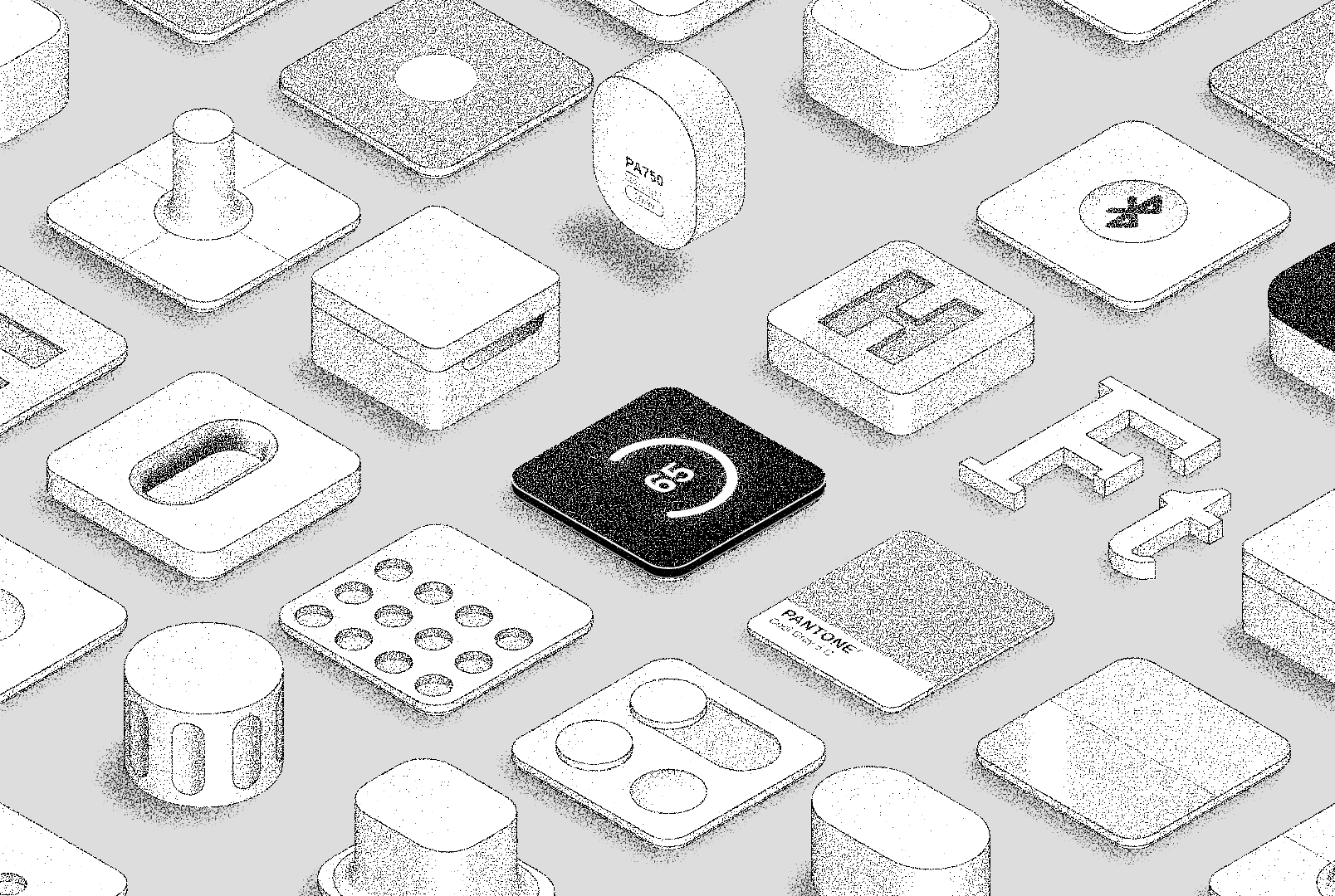 Design language elements drawn as stippled isometric tiles on gray, among them a black touch display reading 65, a Pantone Cool Gray swatch, a slider and push buttons, the H-Mark, a lidded box, hole patterns and a PA750.