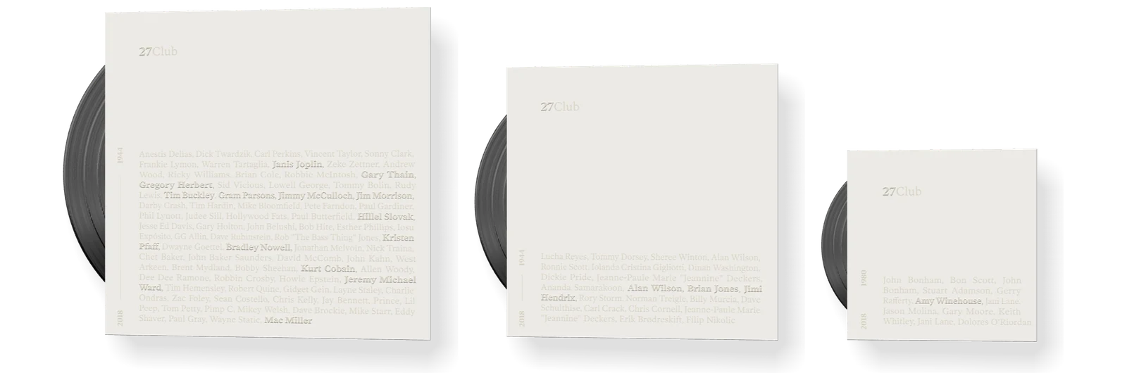 The backs of the three sleeves: 27Club and columns of names printed in gloss ink on white.
