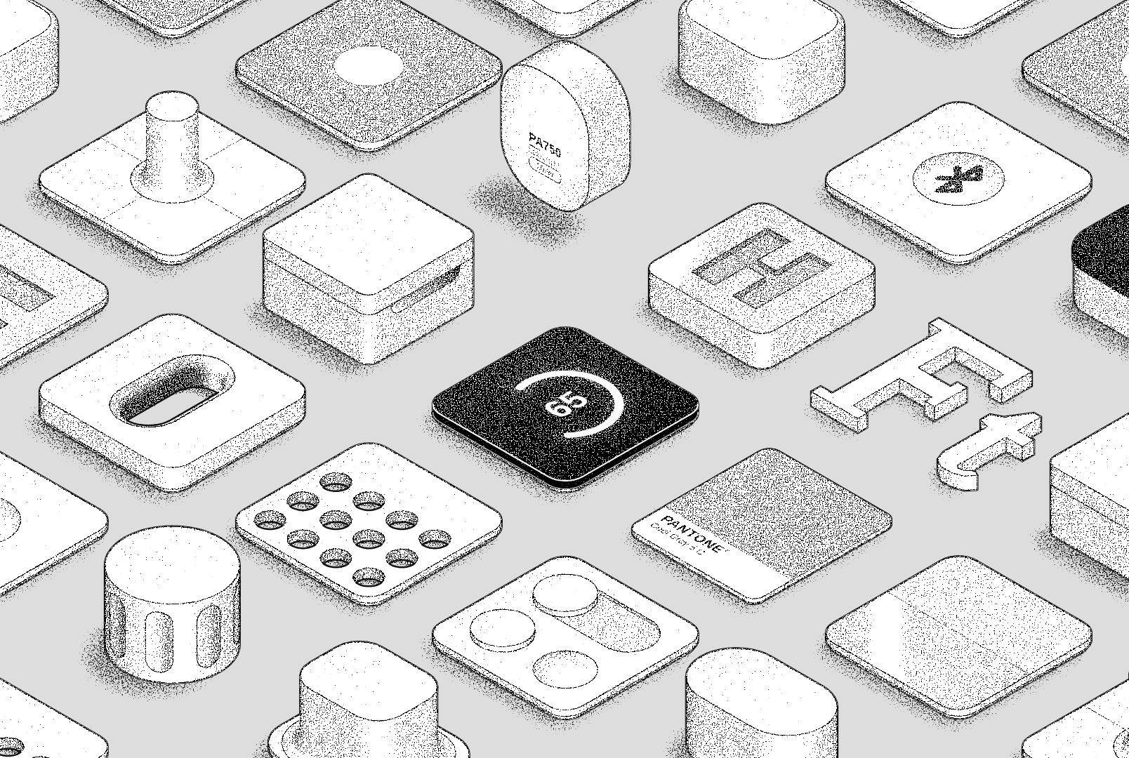 Design language elements drawn as stippled isometric tiles on gray, among them a black touch display reading 65, a Pantone Cool Gray swatch, a slider and push buttons, the H-Mark, a lidded box, hole patterns and a PA750.