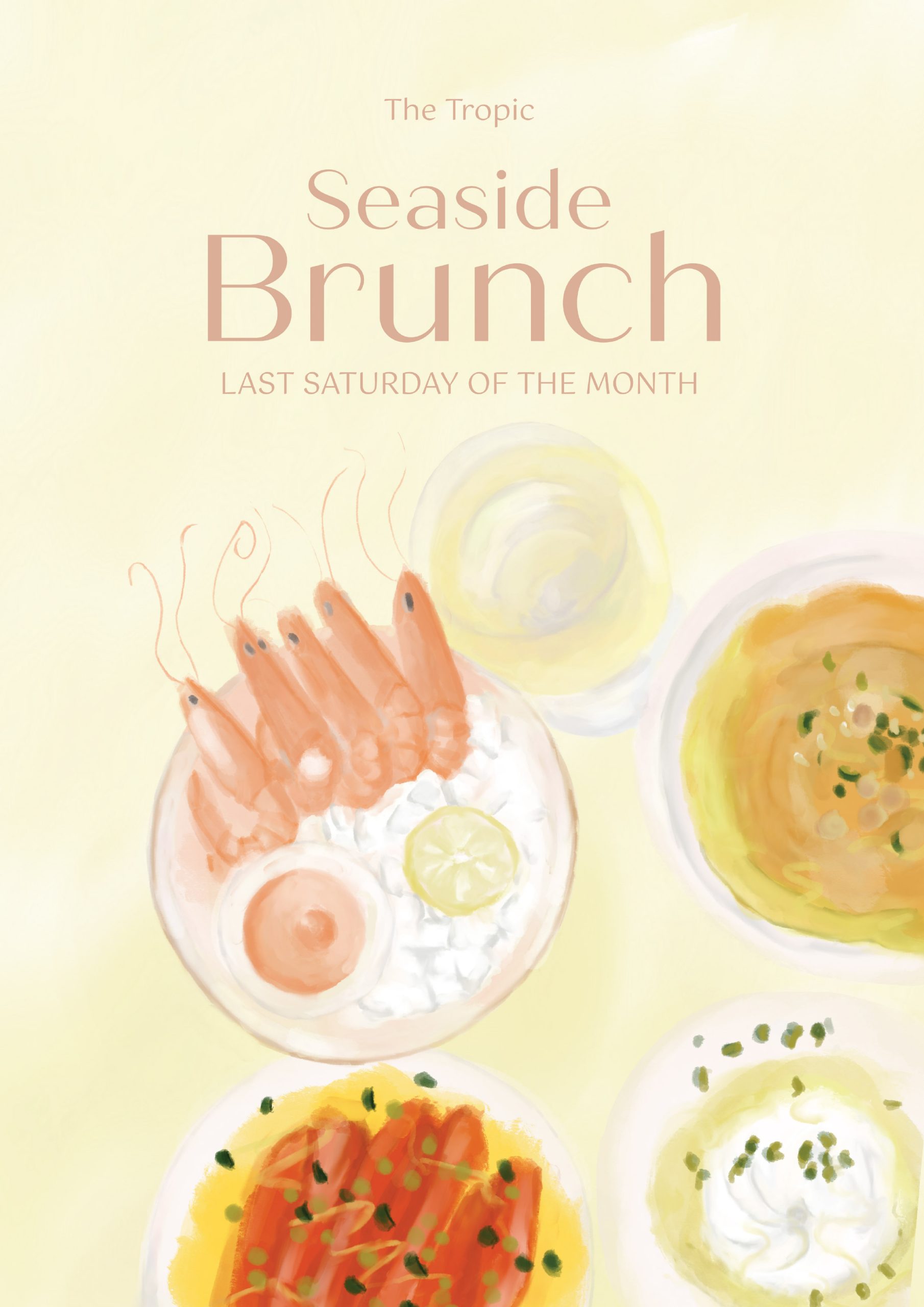 Seaside Brunch at The Tropic poster: illustrated prawns and brunch dishes, last Saturday of the month