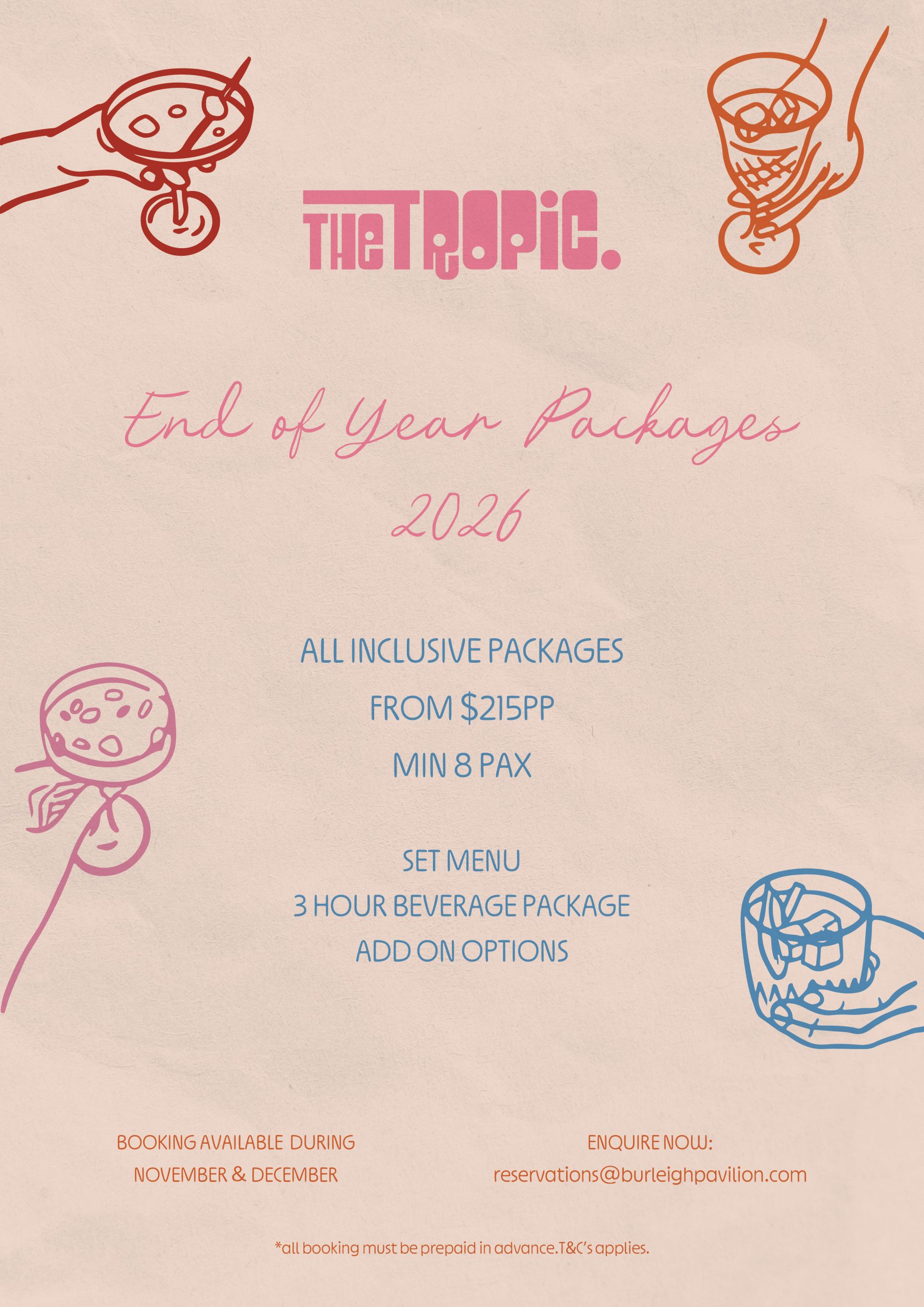 The Tropic End of Year Packages 2026 poster: all-inclusive set menu and beverage packages for groups of 8 or more, November and December