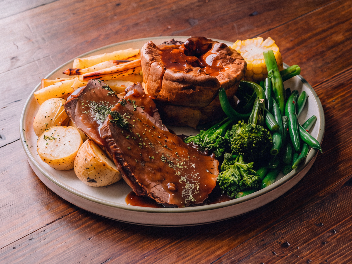 Sunday roast with Yorkshire pudding and vegetables
