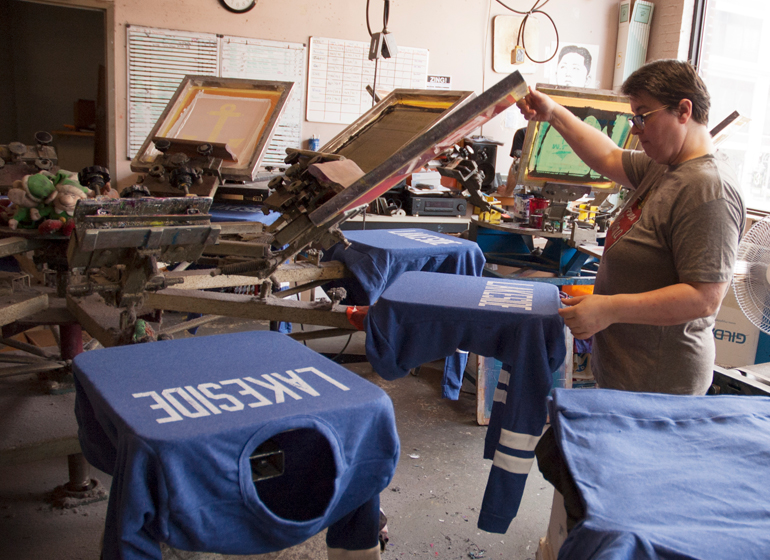 Screen printing production in a professional print shop