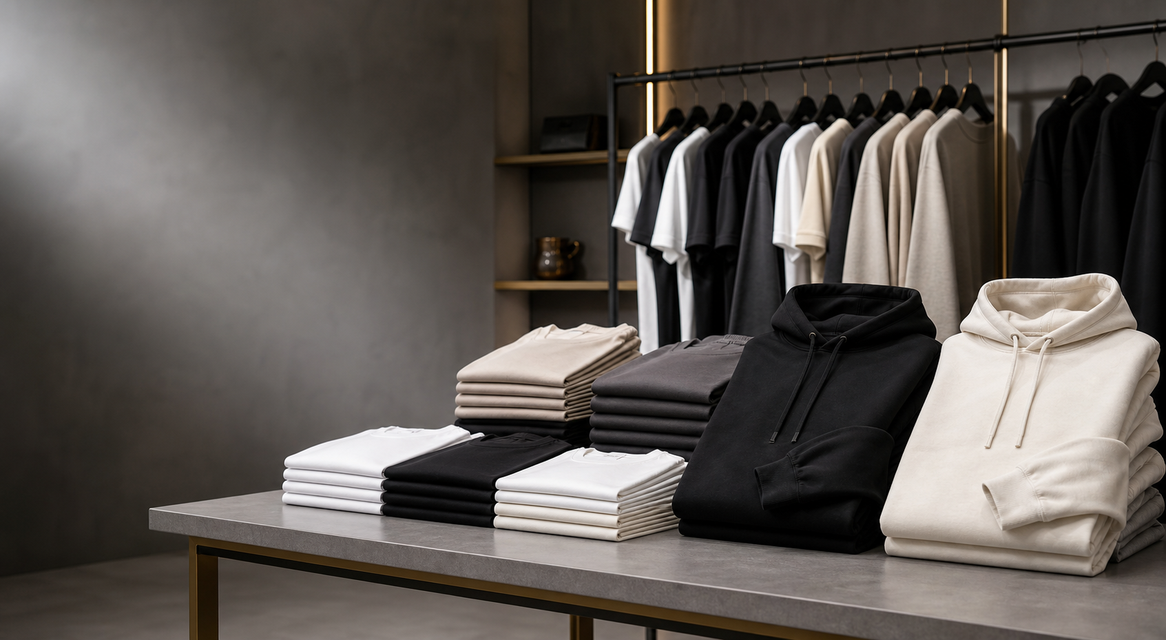 Blank apparel including shirts and hoodies ready for decoration