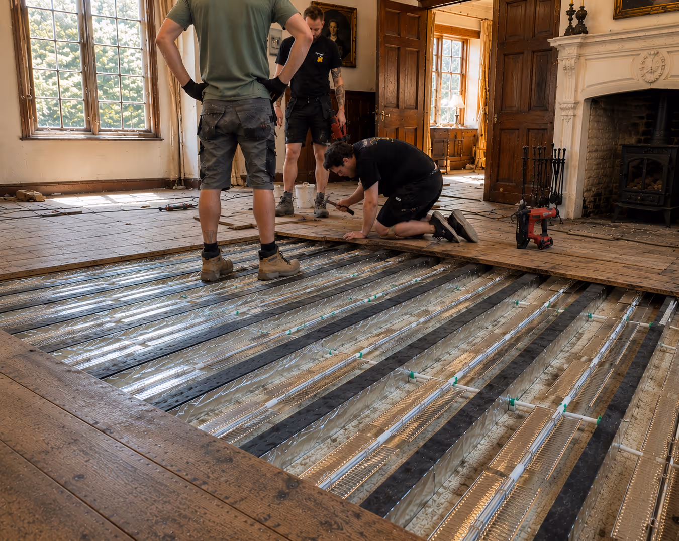 Three workers installing wooden floorboards over radiant heating pipes in a room with large windows and fireplace.