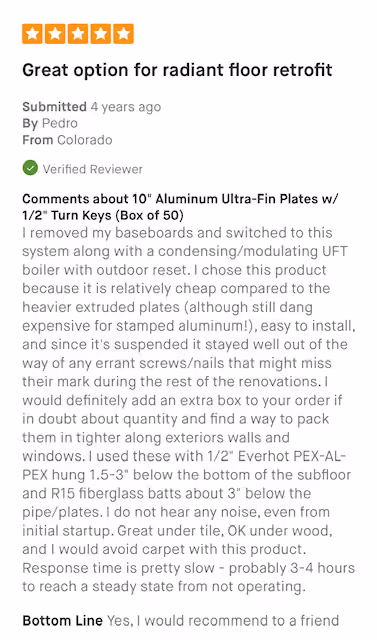 Customer review praising aluminum plates for floor retrofit, highlighting ease, noise reduction, and recommending product.