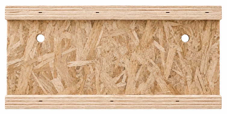 Rectangular wooden board with two round holes and layered edges on a white background.