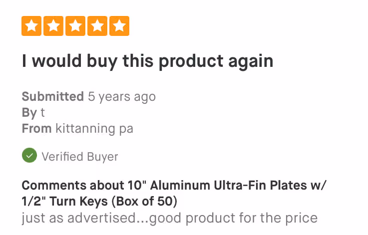 Five-star product review titled 'I would buy this product again' from a verified buyer in Kittanning, PA.