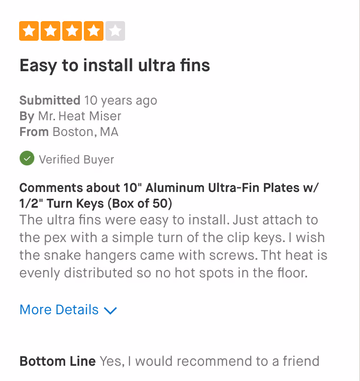 Product review with four-star rating for easy-to-install 10-inch aluminum ultra-fins by verified buyer.