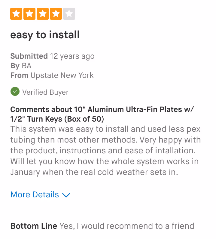 Review with four orange stars, titled 'easy to install,' positive about aluminum plates and ease of installation.