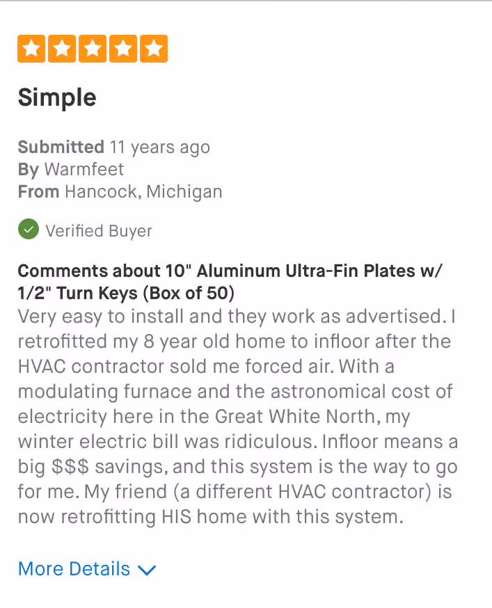Five-star review titled Simple by Warmfeet from Hancock, Michigan, praising easy installation and savings.