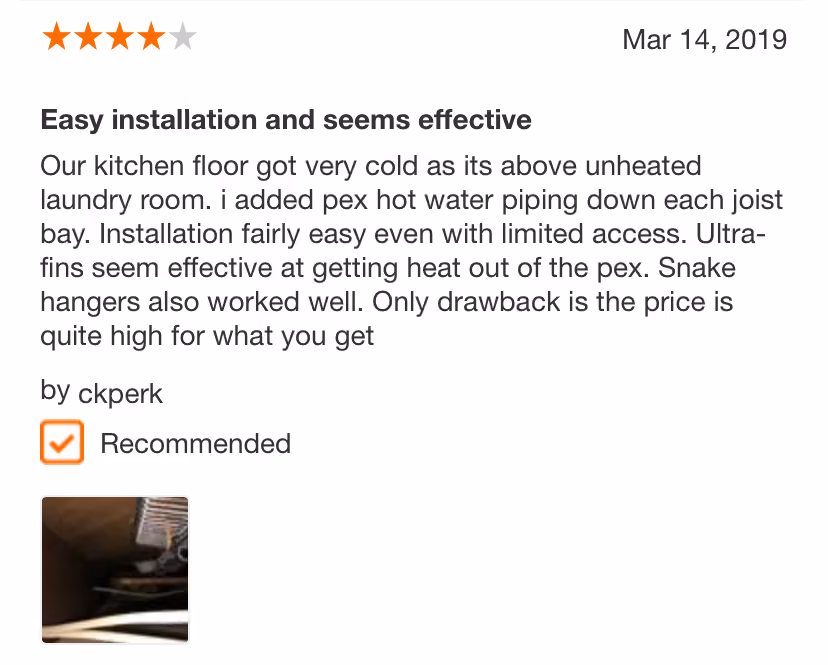 Customer review with 4-star rating praising easy installation and effectiveness of pex water piping for heat.