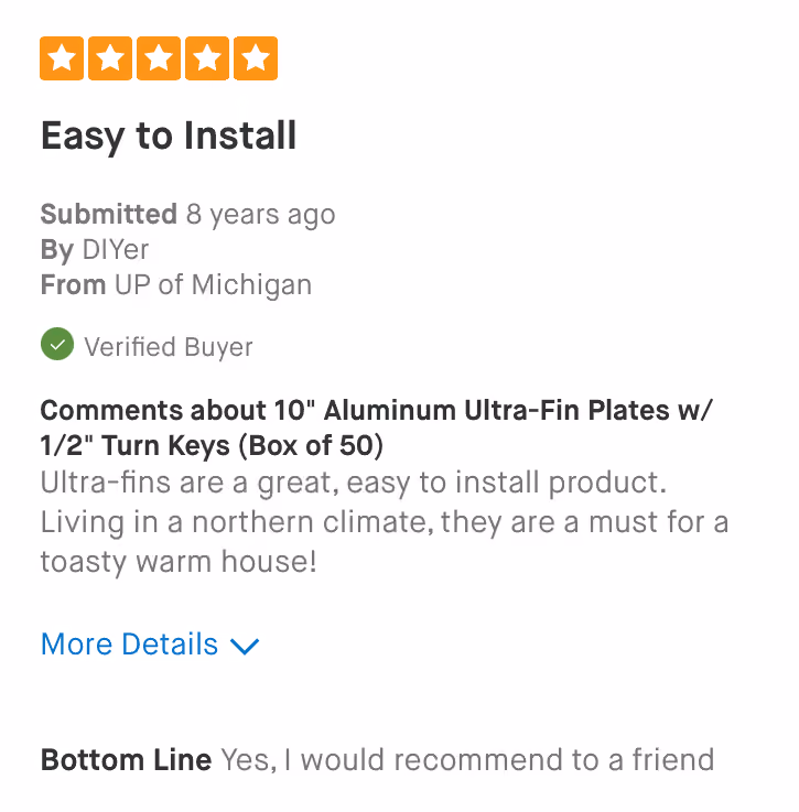 Five-star review titled Easy to Install, praising 10" Aluminum Ultra-Fin Plates for warmth and ease.