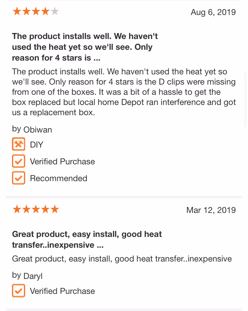 Two product reviews dated Aug 6 and Mar 12, 2019, rating 4 and 5 stars, praising install and heat transfer.