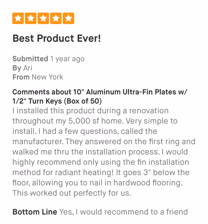 Five-star review praising ease of installation and effectiveness of 10-inch aluminum ultra-fin plates for radiant heating.