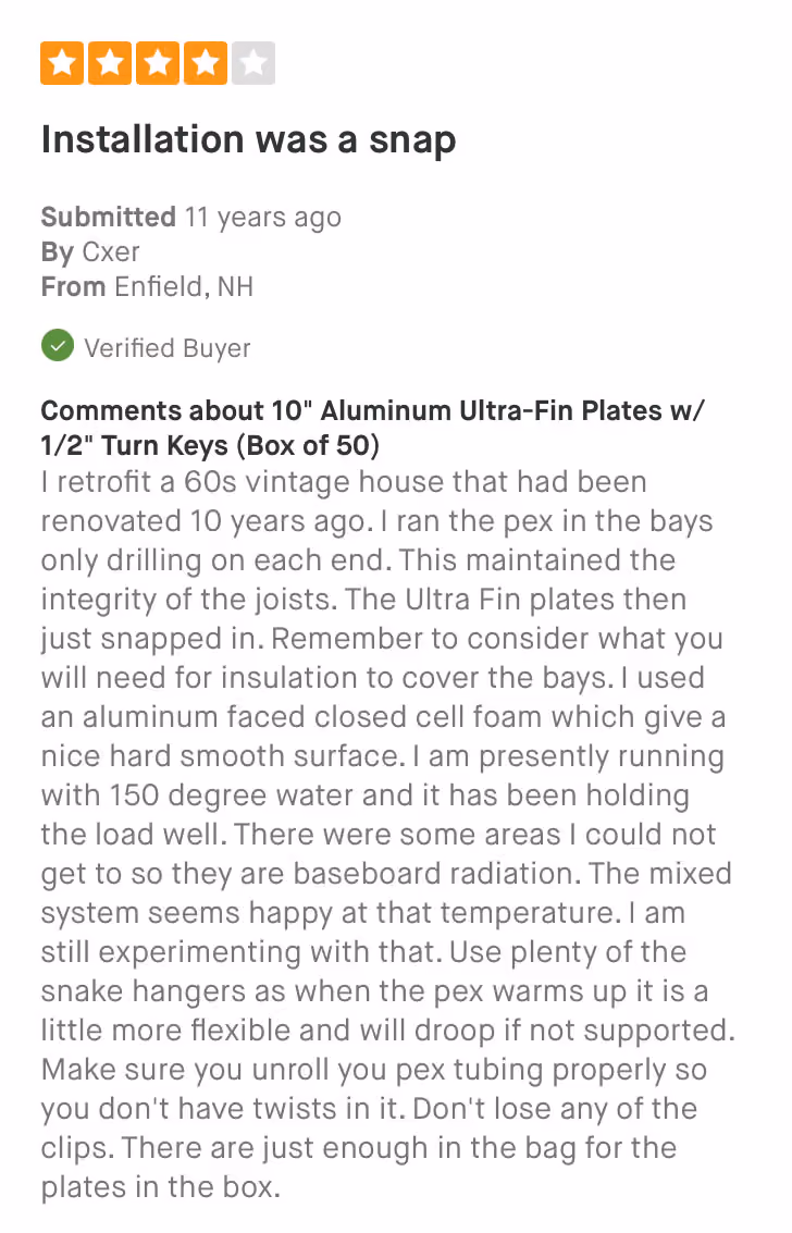 Product review titled Installation was a snap with a 4-star rating and detailed user comments.