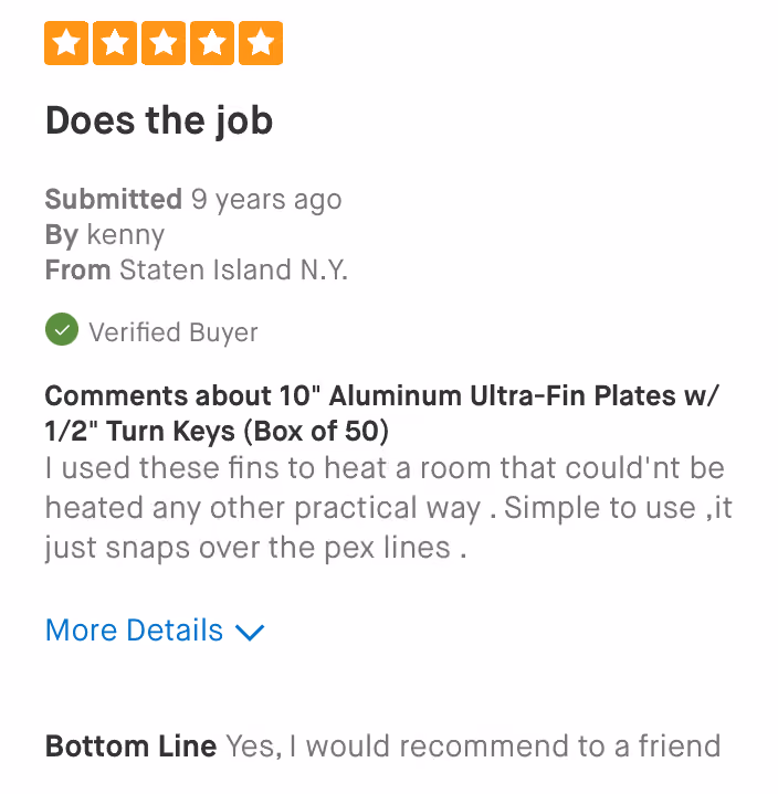 Five-star review titled 'Does the job' by kenny from Staten Island N.Y. about aluminum ultra-fin plates.