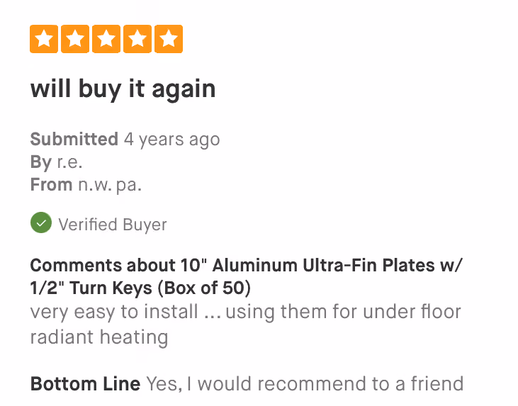 Five-star product review titled 'will buy it again' by verified buyer from NW PA for aluminum plates.