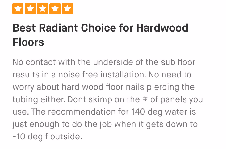 Five-star rating with text titled Best Radiant Choice for Hardwood Floors and installation details below.