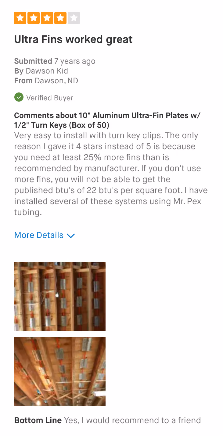 Four-star customer review praising easy install of 10-inch aluminum Ultra-Fin plates with images of installed plates.