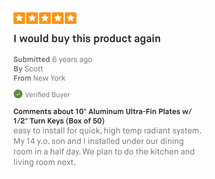 Five-star review stating 'I would buy this product again' with comments on easy installation by a verified buyer.