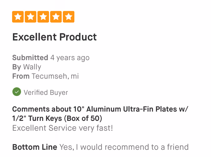 Five-star product review by Wally from Tecumseh, MI, praising fast service and recommending to a friend.