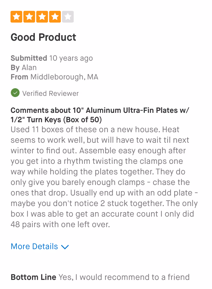 Customer review with a 4-star rating titled 'Good Product' from Alan in Middleborough, MA, giving detailed feedback.
