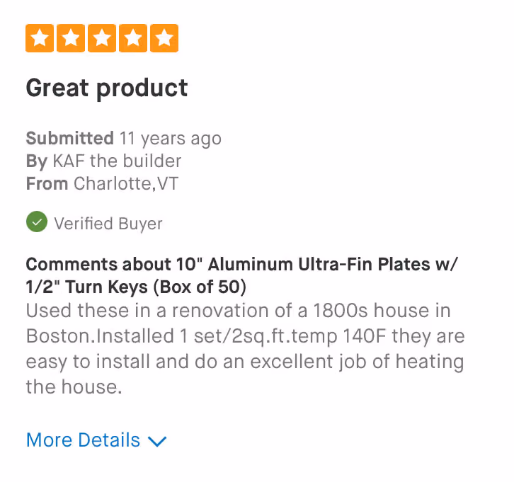 Five-star verified buyer review praising 10" aluminum ultra-fin plates for easy installation and heating performance.