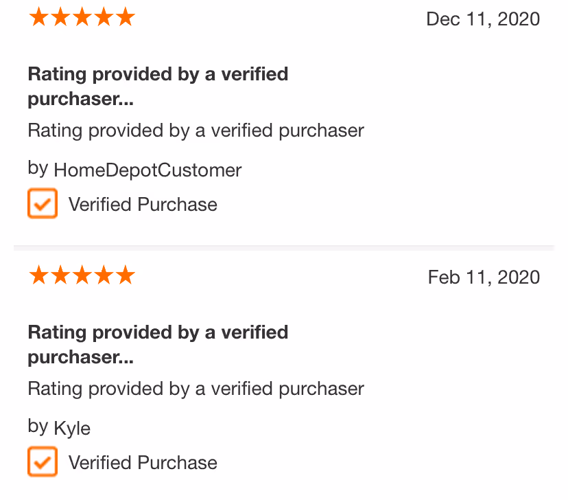 Two five-star verified purchase ratings dated Dec 11, 2020 and Feb 11, 2020 by HomeDepotCustomer and Kyle.